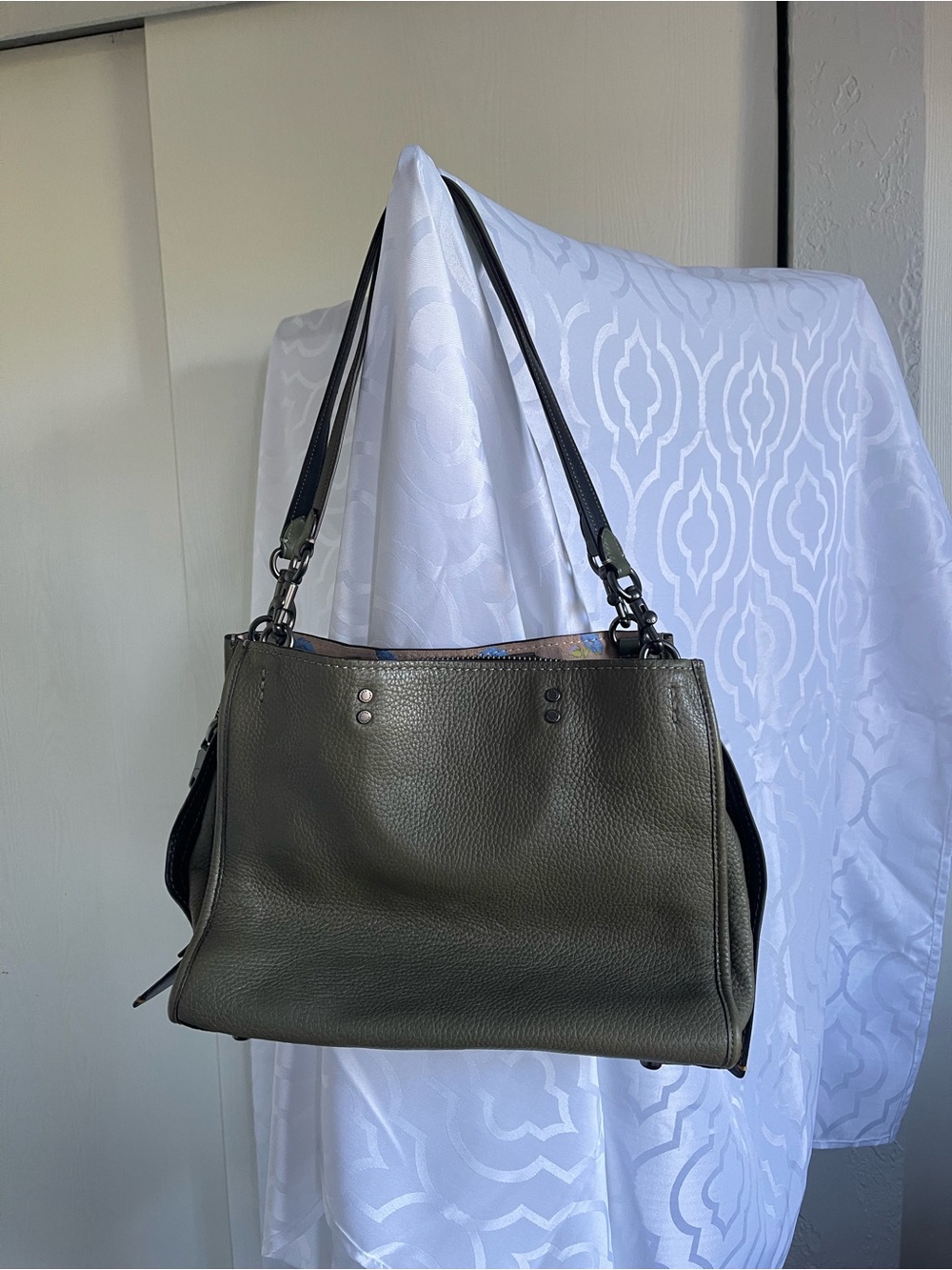 Coach Olive Green Pebbled Leather Shoulder Bag with Black Straps